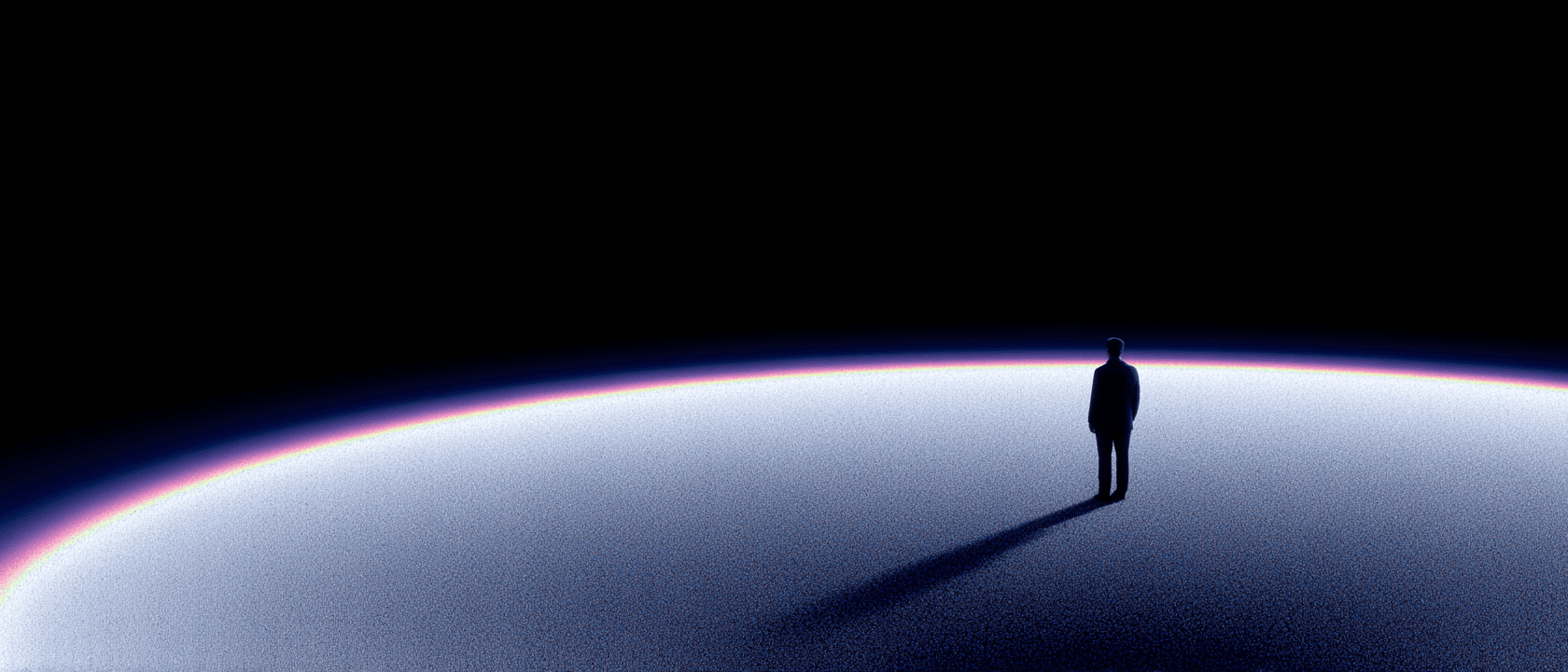 A lone figure standing on a softly glowing horizon under a vast dark sky.