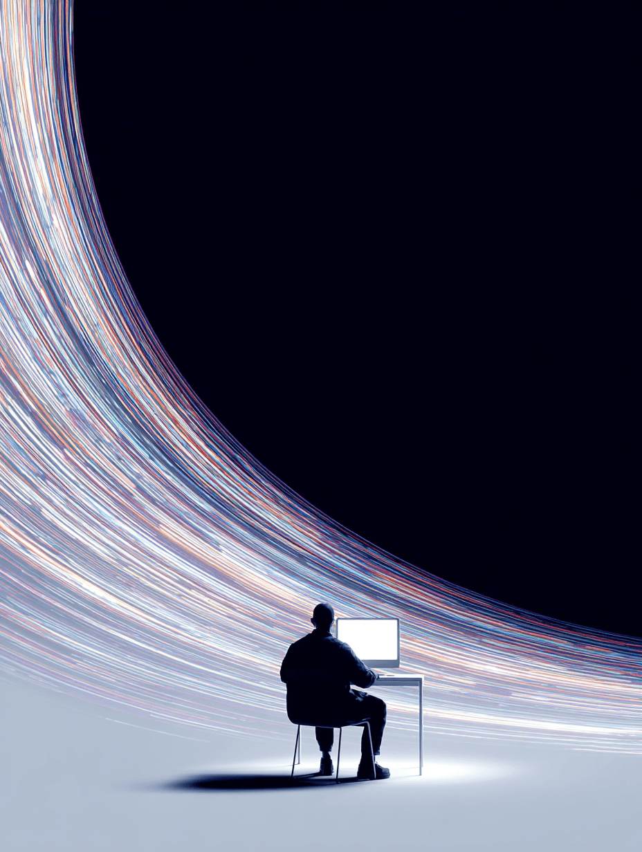 A lone marketer at a desk with sweeping trails of light curving around them in a vast dark space.
