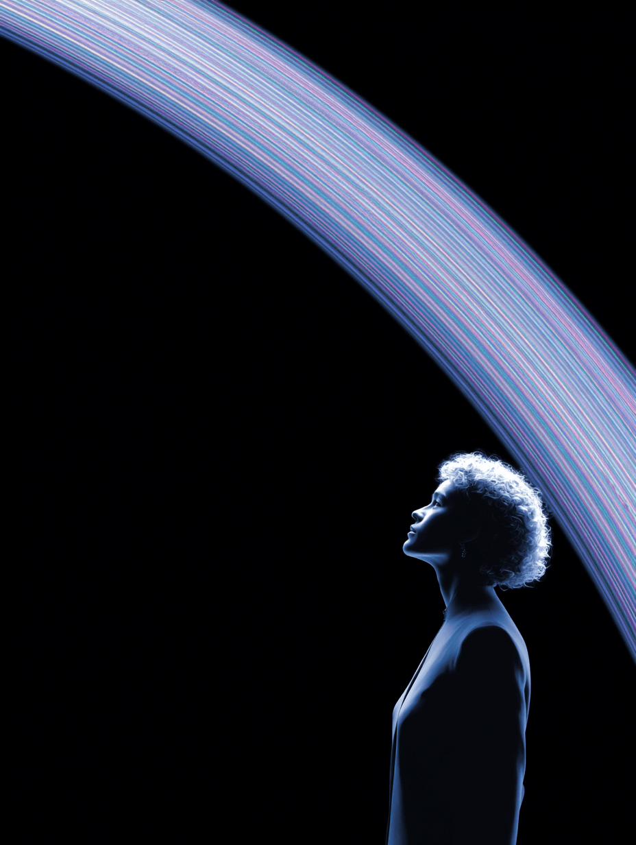 A figure in profile looking up at a luminous prismatic arc curving above them.