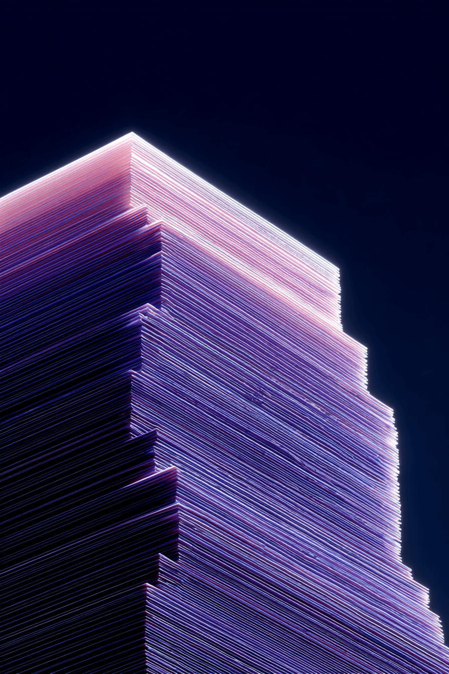 A tall stack of jagged glowing paper sheets rising against a dark sky.